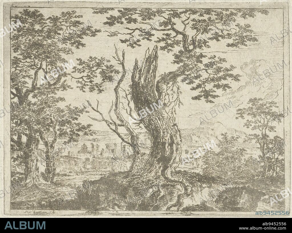 Landscape with a broken tree, print maker: Jean Joseph Hanson, (mentioned on object), Southern Netherlands, 1741 - 1799, paper, etching, h 75 mm × w 101 mm.