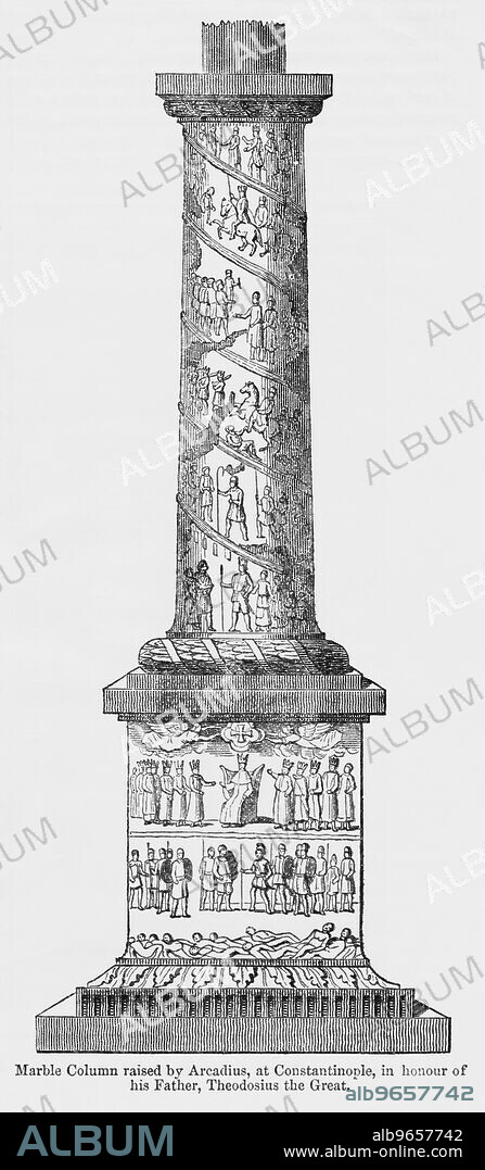 Marble Column raised be Arcadius, at Constantinople, in honor of his Father, Theodosis the Great, Illustration from John Cassell's Illustrated History of England, Vol. I from the earliest period to the reign of Edward the Fourth, Cassell, Petter and Galpin, 1857.