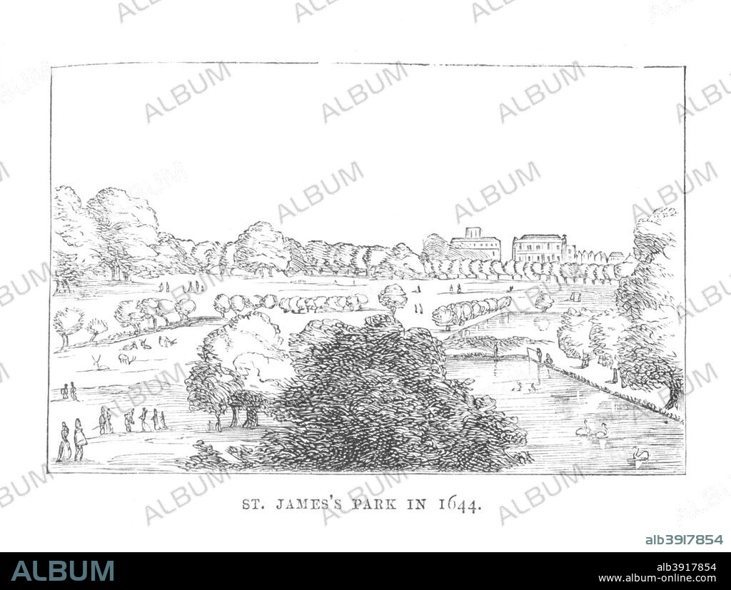 'St. James Park in 1644', c1870. St James's Park is a 23-hectare (57-acre) park in the City of Westminster, central London. The park is bounded by Buckingham Palace to the west, the Mall to the north, Horse Guards to the east, and Birdcage Walk to the south. the Royal Parks of London are lands originally owned by the monarchy of the United Kingdom for the recreation (mostly hunting) of the royal family. From The Story of the London Parks by Jacob Larwood. [Chatto and Windus, London, c1870].