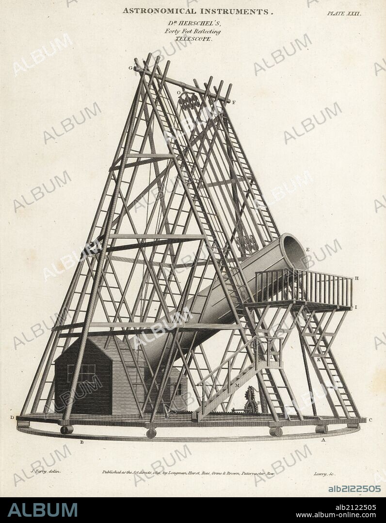 Sir WIlliam Herschel's telescope or the Great Forty-Foot reflecting telescope built between 1785 and 1789 at Observatory House in Slough, England. Copperplate engraving by Wilson Lowry after a drawing by J. Farey from Abraham Rees' Cyclopedia or Universal Dictionary of Arts, Sciences and Literature, Longman, Hurst, Rees, Orme and Brown, London, 1820.