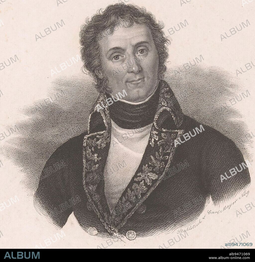 Portrait of André Masséna, Duke of Rivoli, Prince of Essling, Carl Mayer, 1808 - 1868, print maker: Carl Mayer, (mentioned on object), printer: Carl Mayer, (mentioned on object), publisher: Johann Scheible, (mentioned on object), print maker: Neurenberg, printer: Neurenberg, publisher: Stuttgart, 1808 - 1868, paper, steel engraving, h 185 mm - w 134 mm.
