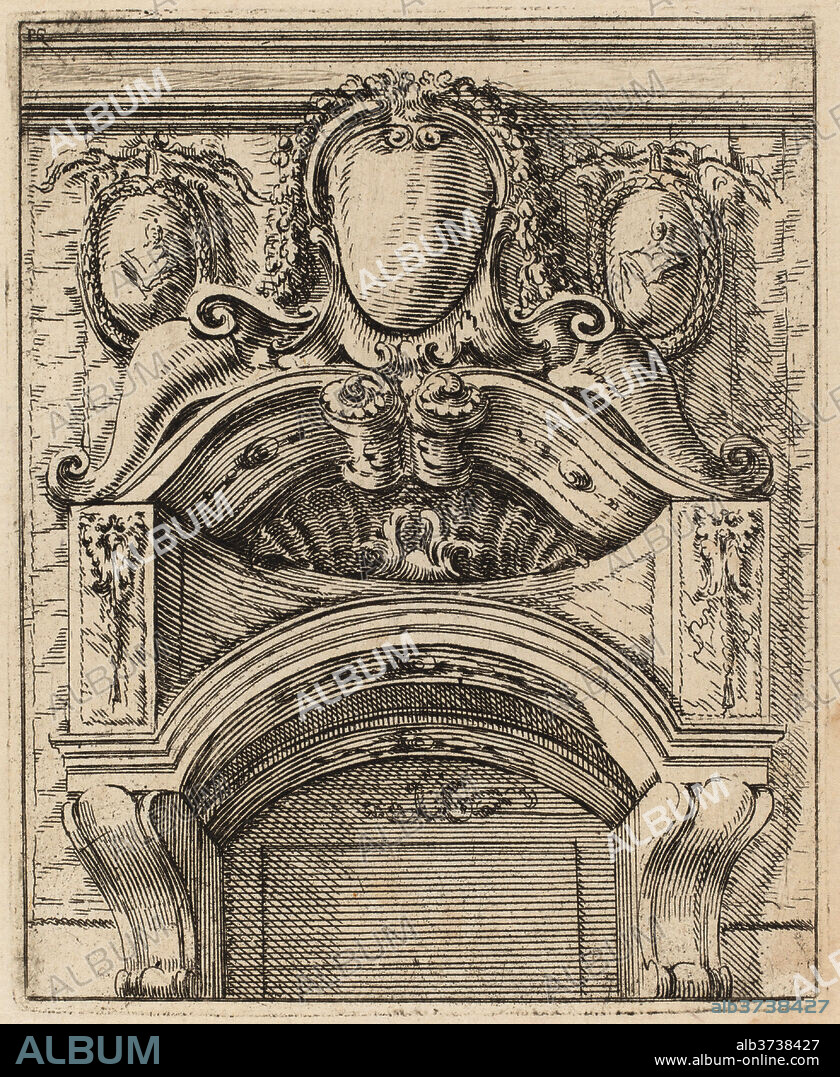 CARLO ANTONIO BUFFAGNOTTI. Architectural Motif with Three Shields, Two with Figures. Dated: c. 1690. Dimensions: plate: 11.3 x 9.2 cm (4 7/16 x 3 5/8 in.)  sheet: 17.4 x 12.2 cm (6 7/8 x 4 13/16 in.). Medium: etching on laid paper.