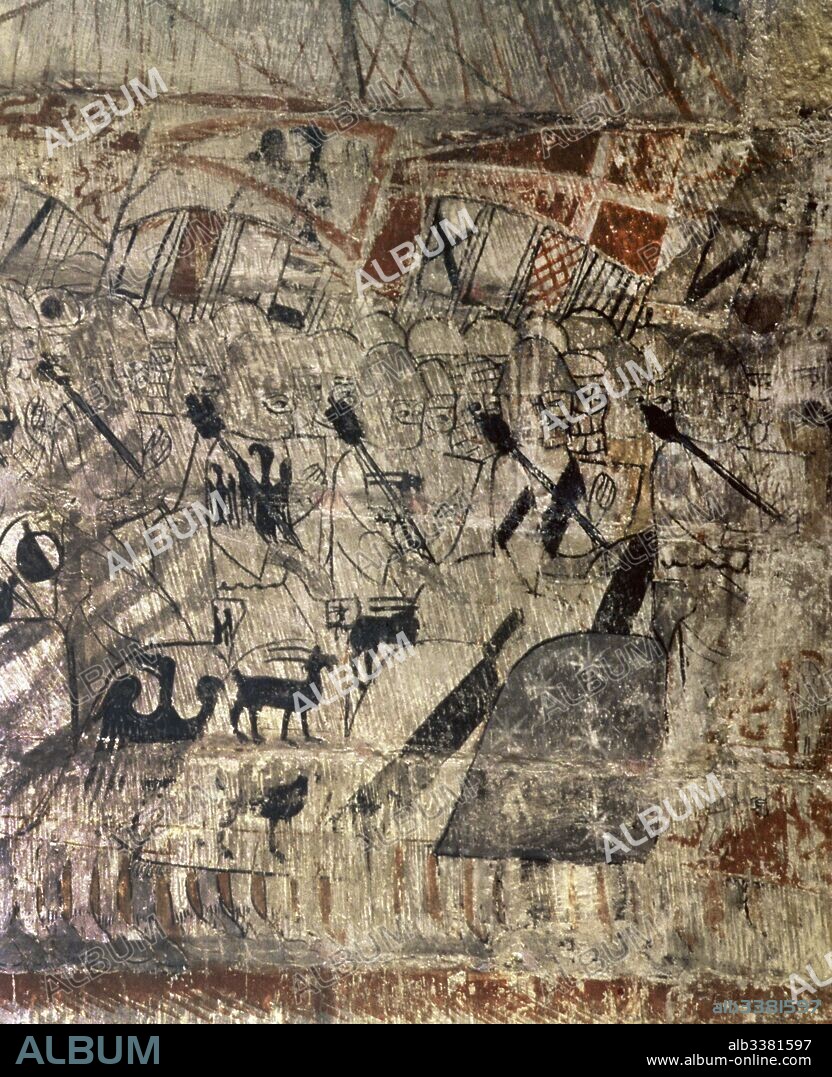 Gothic mural of Alcaniz Castle, 14th century. Army Castilian-Leonese with banners. Conquest of Valencia and Murcia, 13th century. Province of Teruel. Spain.