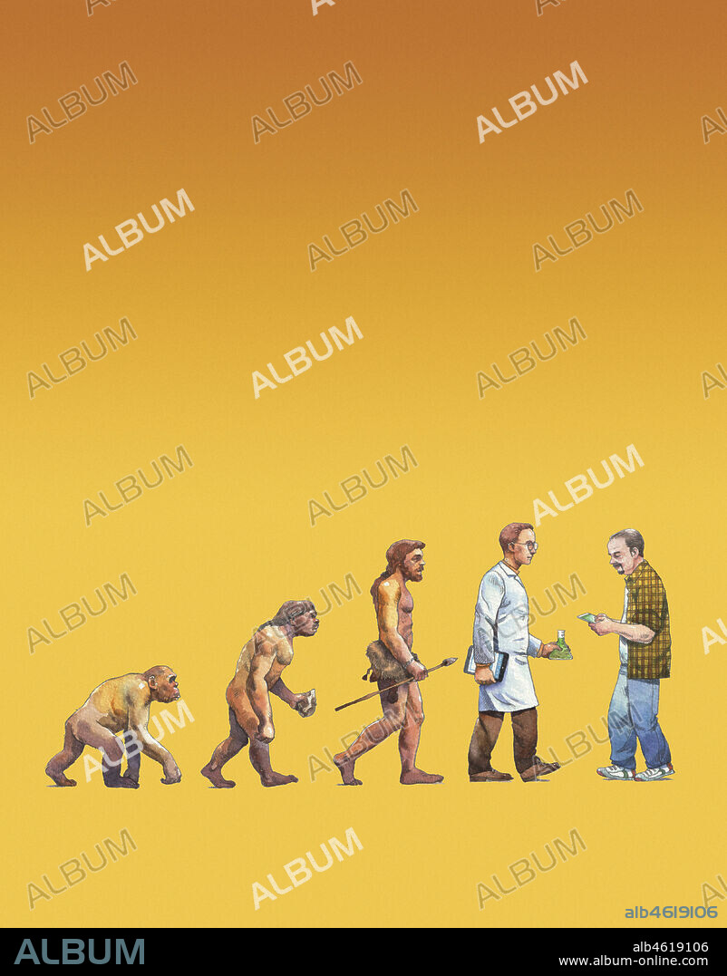 Man using mobile phone as backward step in human evolution.