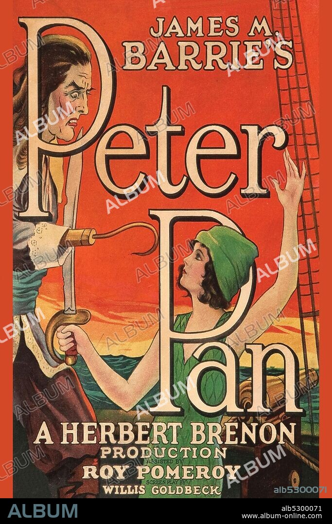Poster to the 1924 film of Peter Pan.  Directed by Herbert Brenon. With Betty Bronson, Ernest Torrence, George Ali, Esther Ralston.  Peter Pan is a fictional character created by Scottish novelist and playwright J. M. Barrie. A free-spirited and mischievous young boy who can fly and never grows up, Peter Pan spends his never-ending childhood having adventures on the mythical island of Neverland as the leader of the Lost Boys, interacting with fairies, pirates, mermaids, Native Americans, and occasionally ordinary children from the world outside Neverland. .
