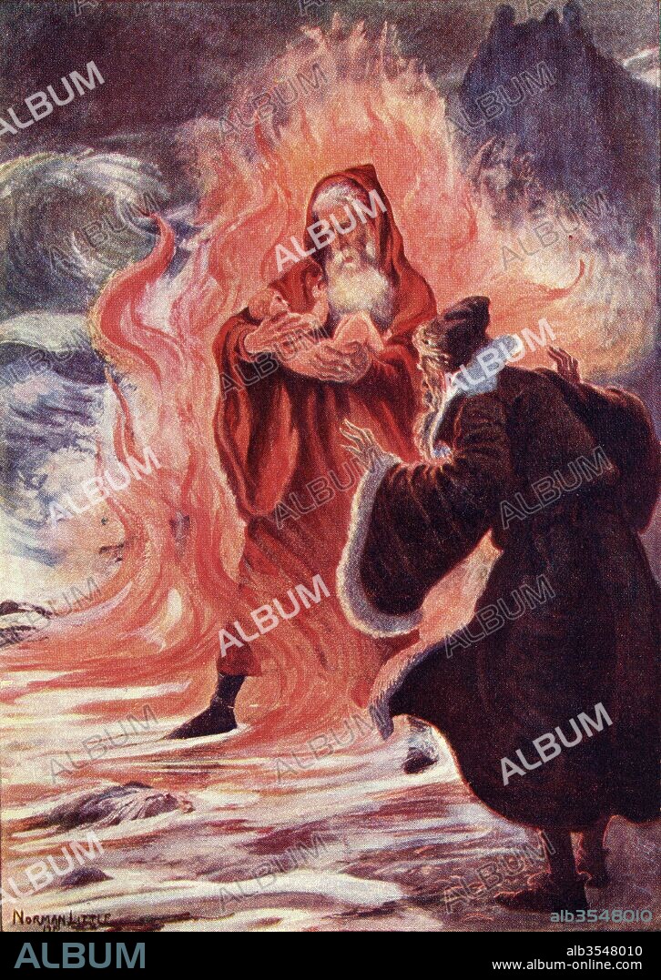 And down the wave and in the flame was borne a naked babe, and rode to Merlin's feet. Title of coloured illustration from the book The Gateway to Tennyson published 1910.