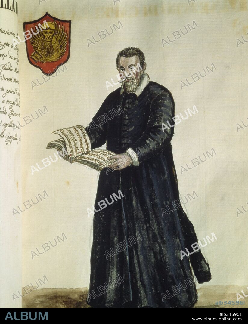 Portarit of Claudio Monteverdi (1567-1643), italian composer with the costume of venetians,  manuscript,  XVIIth century.