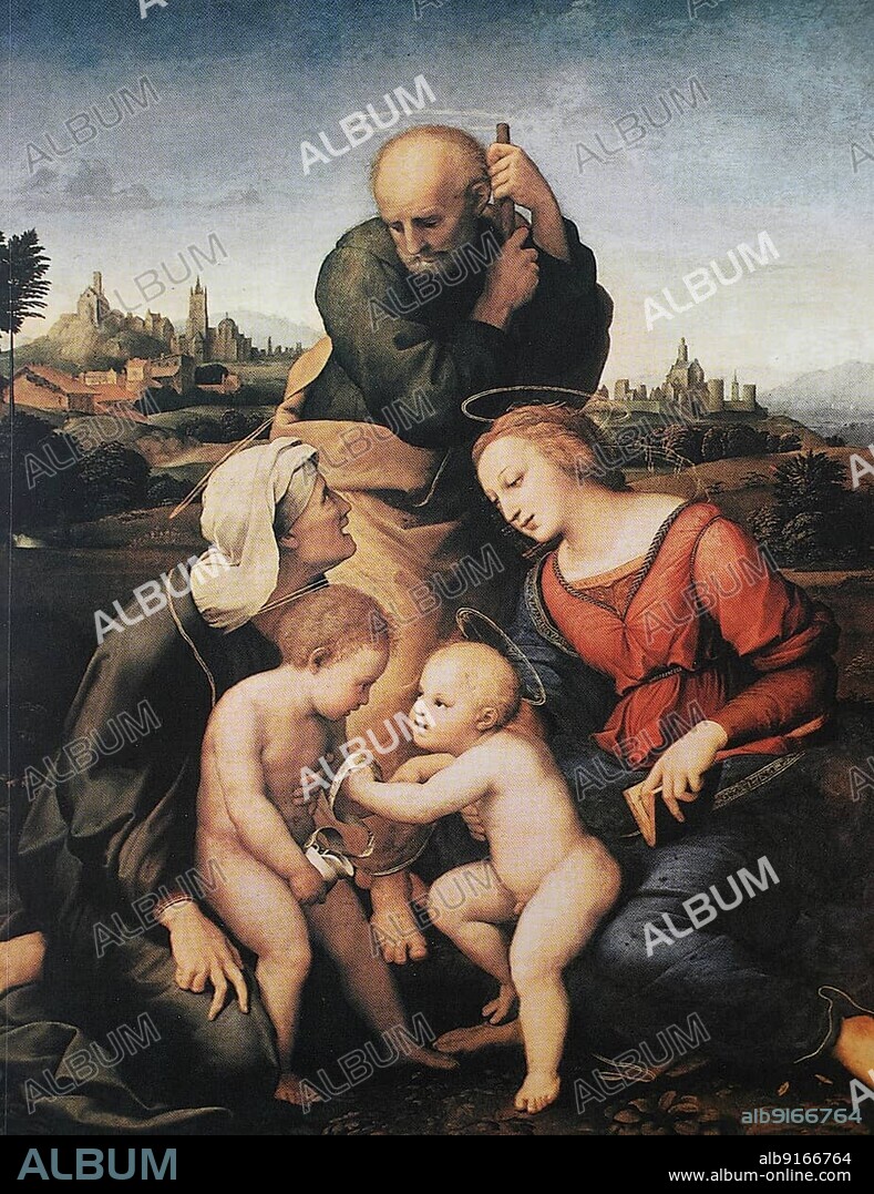 The Holy Family from the House of Canigiani. by Raffaello Sanzio da Urbino, also Raffael da Urbino, Raffaello Santi, Raffaello Sanzio, Raphael, Italian painter, Italy, digitally restored reproduction of a work of art (public domain) from c. 1500, Europe.