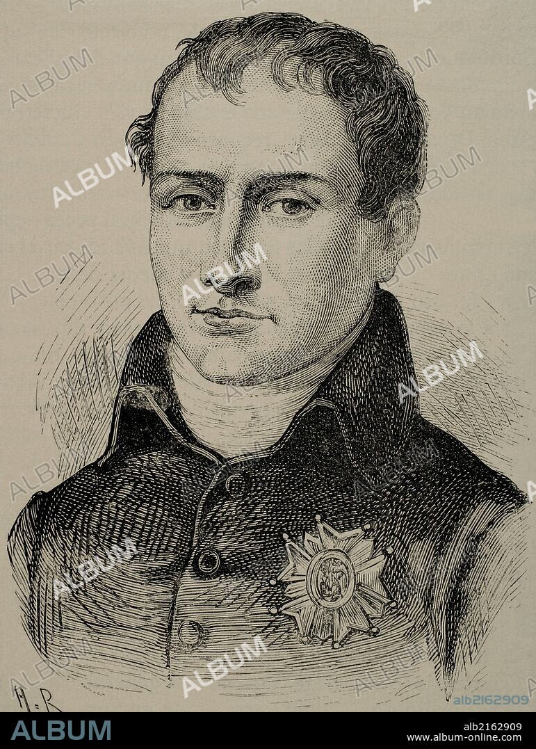 JOSE I BONAPARTE (Corte, 1768-Florencia, 1844). Rey de Nápoles y de España (1808-1813). Hermano de Napoleón I que le concedió el trono español originando así la Guerra de Independencia Española. Grabado por E. Thilly. "Historia Universal", año 1885.