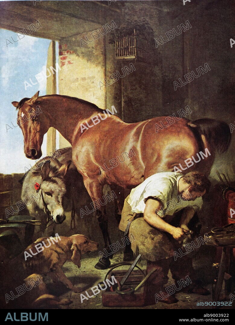 Painting titled 'Shoeing' by Edwin Landseer. Edwin Henry Landseer (1802-1873) an English painter and sculptor.