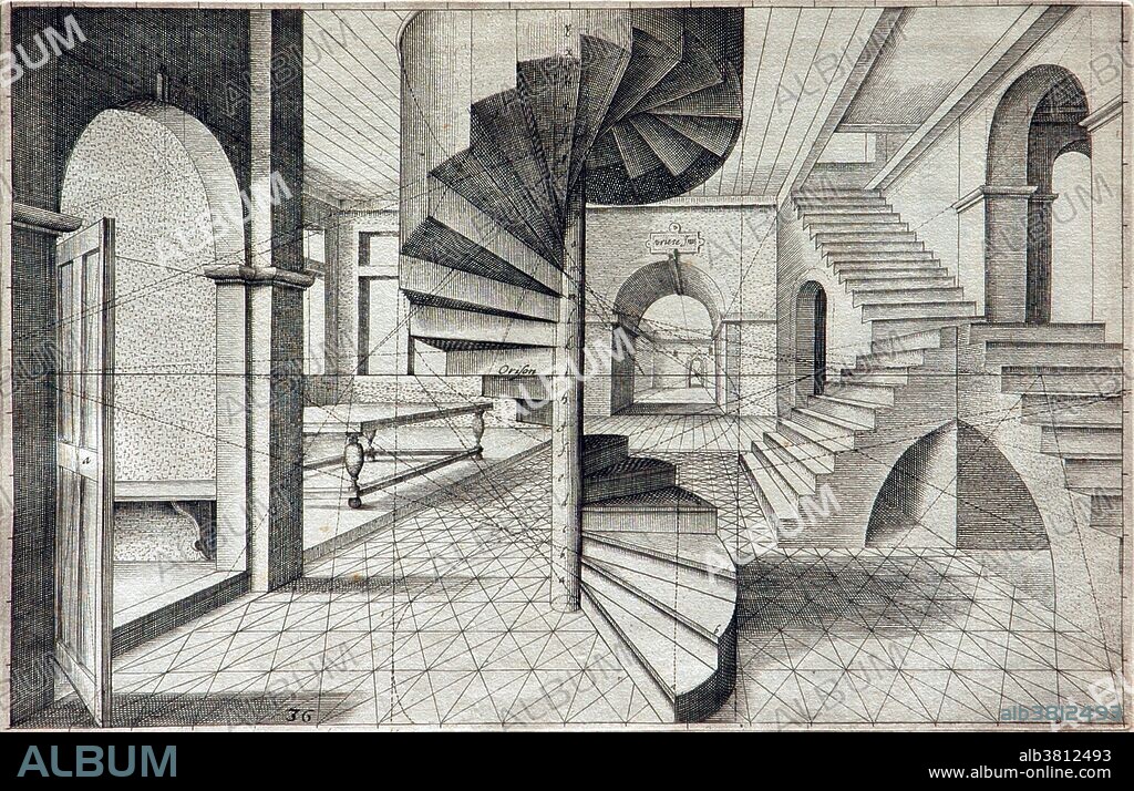 Hans Vredeman de Vries (1527-1607) was a Dutch Renaissance architect, painter, and engineer. He is known for his publication in 1583 on garden design and his books with many examples on ornaments (1565) and perspective (1604). Perspective, in context of vision and visual perception, is the way in which objects appear to the eye based on their spatial attributes; or their dimensions and the position of the eye relative to the objects. There are two main meanings of the term: linear perspective and aerial perspective. In linear perspective objects become more distant they appear smaller because their visual angle decreases. Aerial perspective refers to the effect on the appearance of an ordinary object of being viewed through the atmosphere. Perspective in the graphic arts, is an approximate representation, on a flat surface, of an image as it is seen by the eye. The artist uses intuitive, artistic, scientific, or technical skills to represent the phenomenon of the visual perception of perspective. The two most characteristic features of perspective are that objects are drawn: smaller as their distance from the observer increases, and/or foreshortened where the size of an object's dimensions along the line of sight are relatively shorter than dimensions across the line of sight.