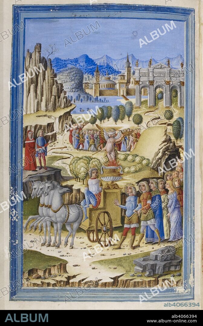 FRANCESCO PETRARCA PETRARCH. [Whole folio] The Triumph of Love. A blindfolded boy in his chariot leads a procession of all those he has enslaved. One of Love's victims detaches himself from the procession and explains to Petrach all that they see before them. Produced for a member of the Romei family of Ferrara. Poems of Petrarch. N. Italy; late 15th century. Source: Add. 38125, f.33v. Language: Italian.