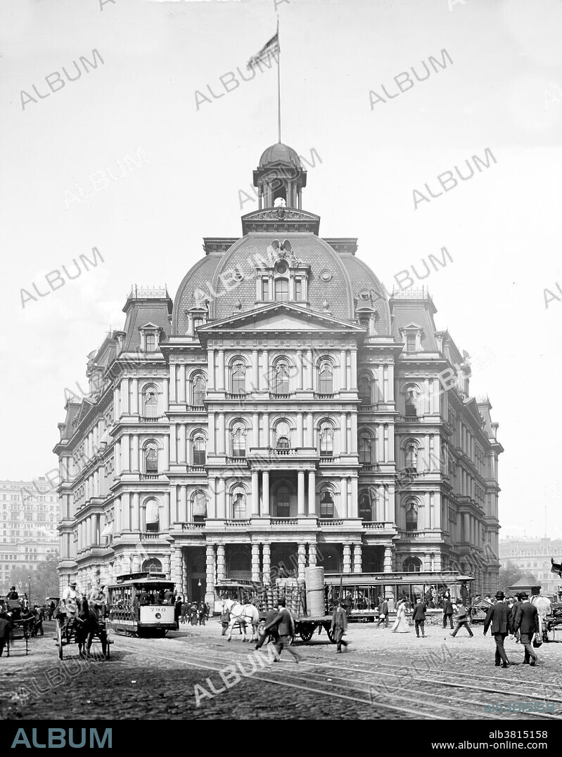 The City Hall Post Office and Courthouse was a building designed by the architect Alfred B. Mullett for a triangular site in New York City along Broadway in Civic Center, lower Manhattan, across City Hall Park from New York City Hall. The Second Empire style building, built between 1869 and 1880, was not well received. Commonly called "Mullett's Monstrosity", it was demolished in 1939 and the site was used to extend City Hall Park to the south. Photographed by Detroit Publishing company, 1900-10,.