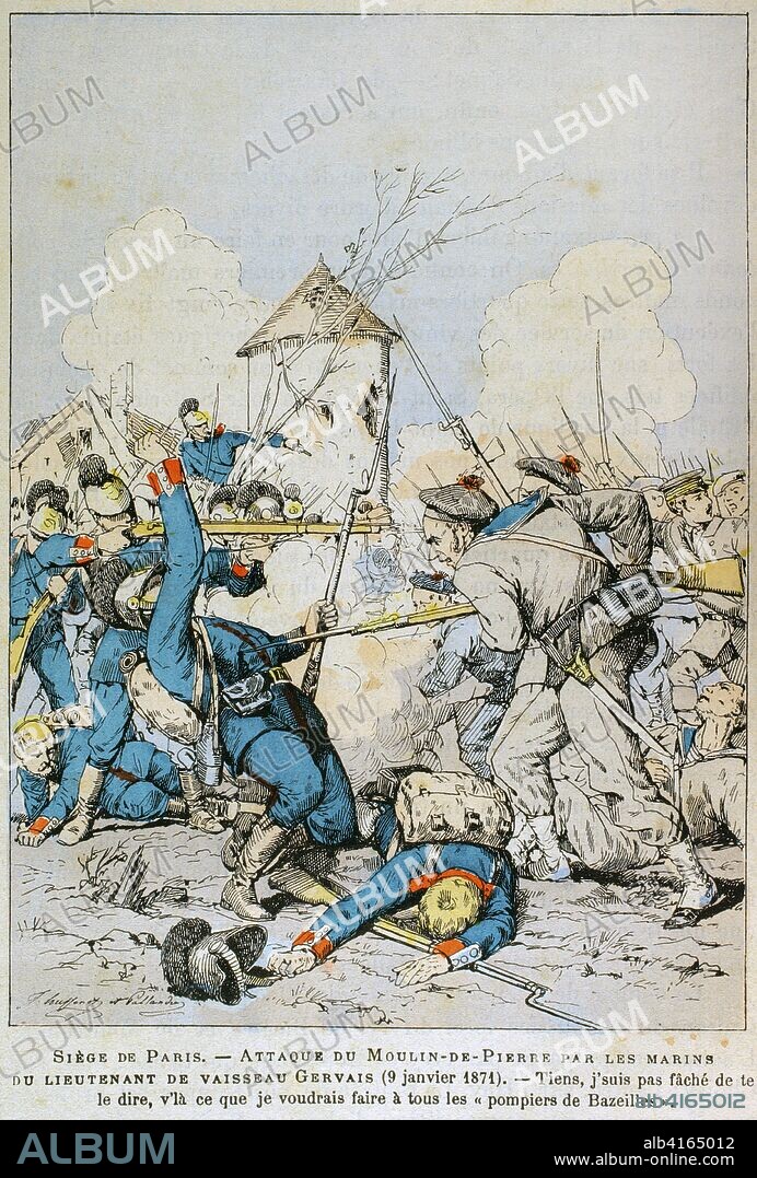 Colapso del Segundo Imperio Francés. Guerra Franco-Prusiana. El Sítio de París por las tropas de Prusia (19 de septiembre de 1870 al 28 de enero de 1871). Enfrentamiento entre el ejército prusiano y tropas francesas. Ataque del Moulin-de-Pierre (molino de piedra) por los marinos del Lieutenant de Vaisseau, 9 de enero de 1871. Ilustración en color de la "Armeé Française, Nos Soldats" (Ejército Francés, Nuestros Soldados). Autor, Eugene Hennebert (1826-1896). París, h. 1890. Ilustración firmada por Hussenot y Pallandre. Biblioteca Histórico Militar de Barcelona, Cataluña, España.