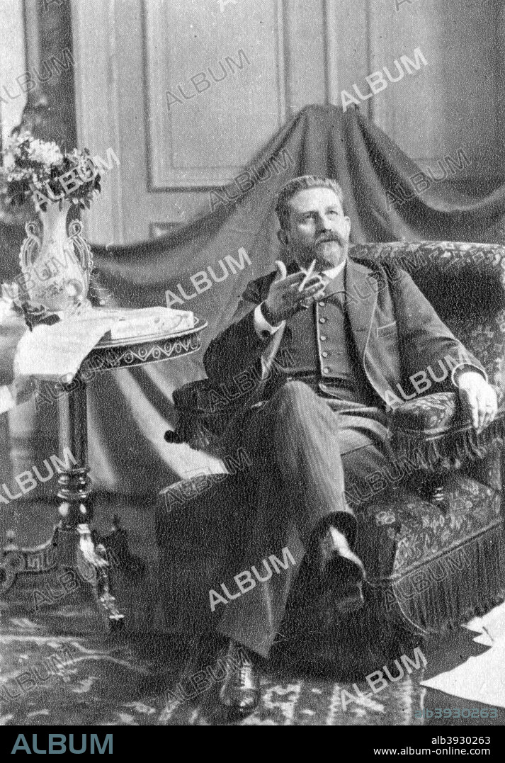 Georges Boulanger, French general and politician, 1891. A reactionary politician, Boulanger (1837-1891) gained great popularity in the second half of the 1880s, particularly with the monarchists. By 1889 a coup d'etat to install Boulanger as military dictator seemed a real possibility, but after the government charged him with conspiracy and involvement in treasonable activity, he fled into exile. Support for the Boulangist movement dwindled without its leader and in 1891 he committed suicide, shooting himself in the head in Ixelles Cemetery in Brussels. A photograph from Album de Photographies, Dans L'Intimite de Personnages Illustres, 1845-1890, Editions MD, 22 Rue de L'Arcade, Paris 8, 1845-1890.