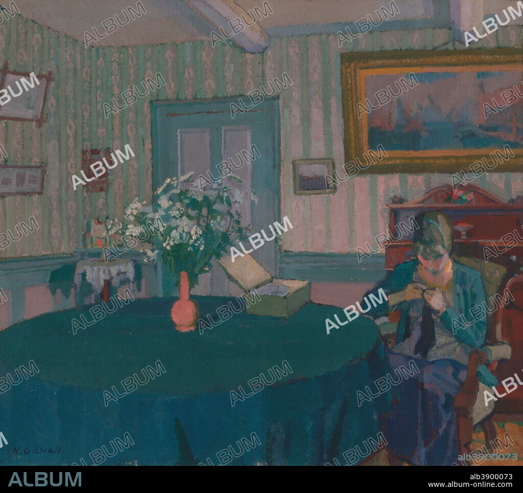 HAROLD GILMAN. Sylvia Darning. Date/Period: 1917. Painting. Oil on canvas. Height: 413 mm (16.25 in); Width: 464 mm (18.26 in).