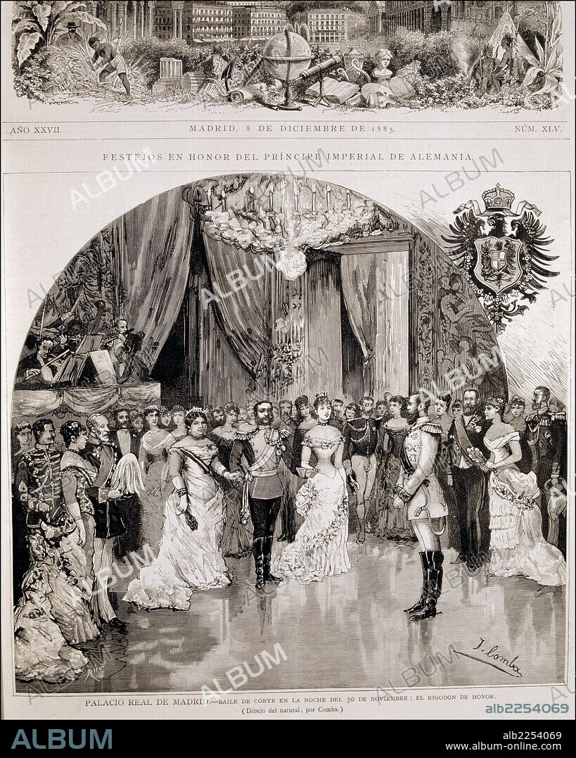 ALFONSO XII. REY DE ESPAÑA. MADRID 1857 - 1885. " EL PRINCIPE IMPERIAL DE ALEMANIA, FEDERICO GUILLERMO , VISITA ESPAÑA. BAILE EN SU HONOR. CON EL REY , LA REINA MARIA CRISTINA DE HABSBURGO E ISABEL II ". DIBUJO DE J. COMBA , AÑO 1883. ILUSTRACION ESPAÑOLA Y AMERICANA.