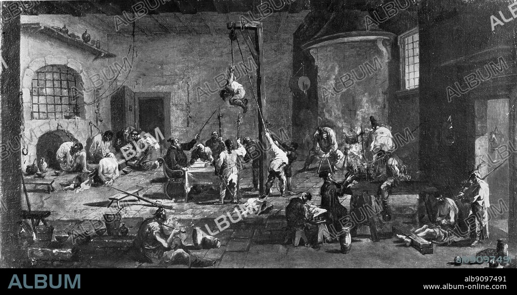 Inquisition Scenes. 1677-1749. Magnasco. Magnasco painted scenes in which he showed up the anxieties of his age, as for instance in this picture, which depicts a torture-chamber of the Inquisition. He borrowed some of his motifs from Callot's etchings, but the expressive arrangement and flowing rhythm of the groups are a reflection of his own highly individual and original style. This is one of a group of three paintings inspired by the disasters of war. Looting, the wounded, and torture are all depicted in a lucid, almost documentary style, which could almost be regarded as a form of protest, uncommon though that was at the time.