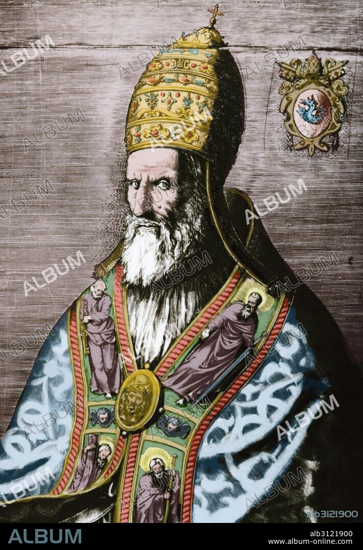GREGORIO XIII (Bolonia, 1501-Roma, 1585). Papa italiano (1572-1585), de nombre Ugo BONCOMPAGNI. Nombrado cardenal y legado en España (1565). Reforzó la doctrina de la reforma tridentina. Promovió la creación de colegios, la reforma del Calendario Juliano (1582), la Contrarreforma en Alemania y editó el "Corpus Iuris Canonici". Grabado coloreado.