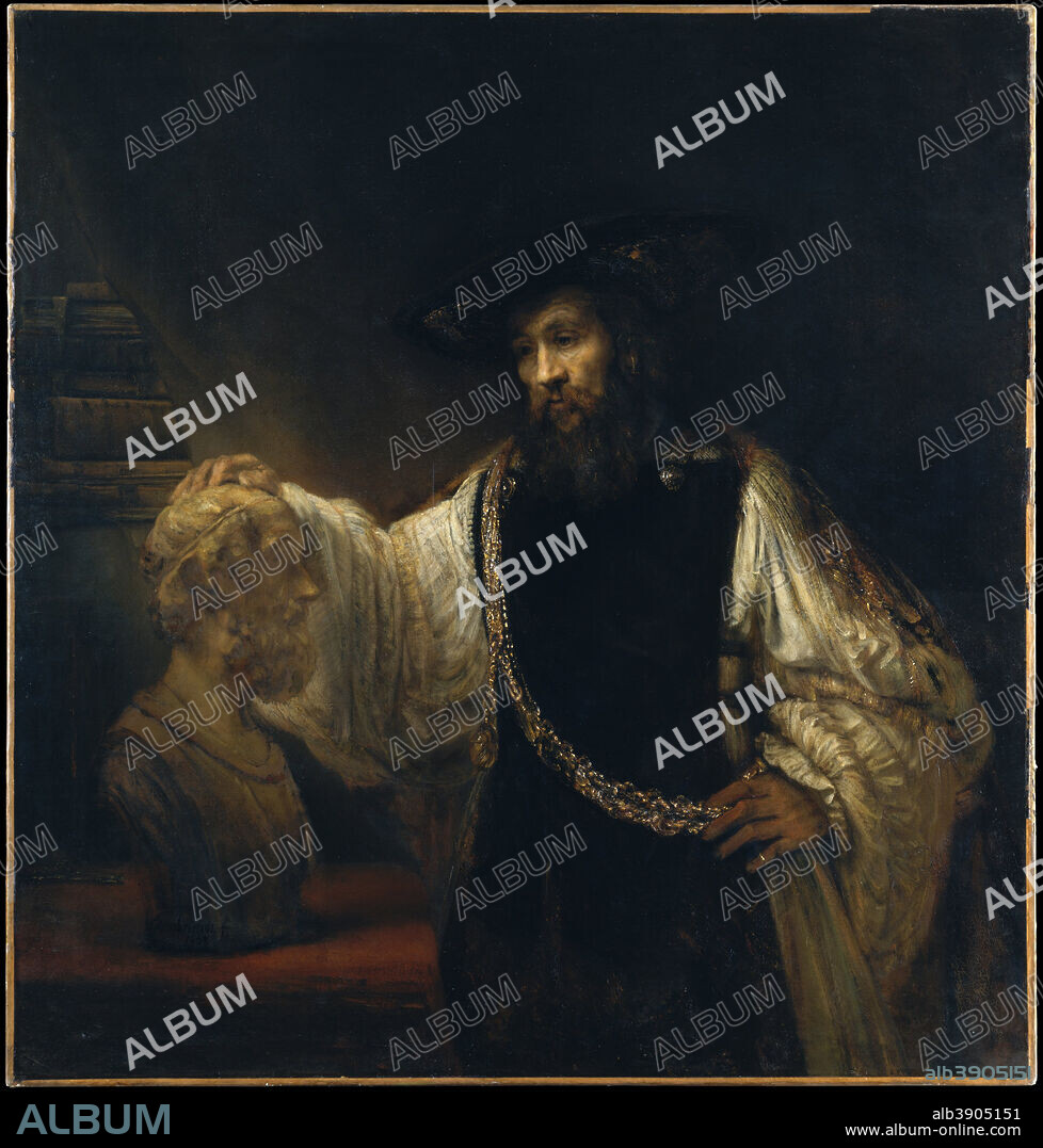REMBRANDT. Aristotle with a Bust of Homer. Date/Period: 1653. Painting. Oil on canvas. Height: 143.5 cm (56.4 in); Width: 136.5 cm (53.7 in).