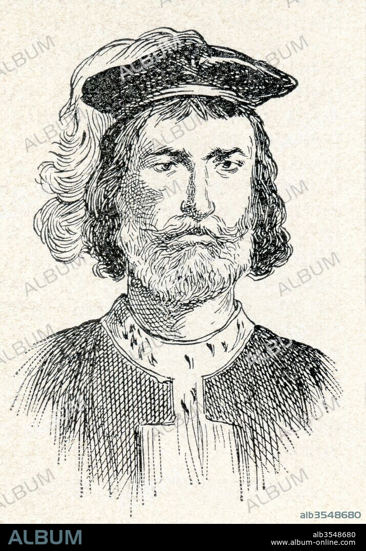 Berenguer VI de Entenza, ? - 1306. Aragonese nobleman and chief of the Almogavars, a class of soldier from many Christian Iberian kingdoms in the later phases of the Reconquista, during the 13th and 14th centuries. From Enciclopedia Ilustrada Segui, published c. 1900.