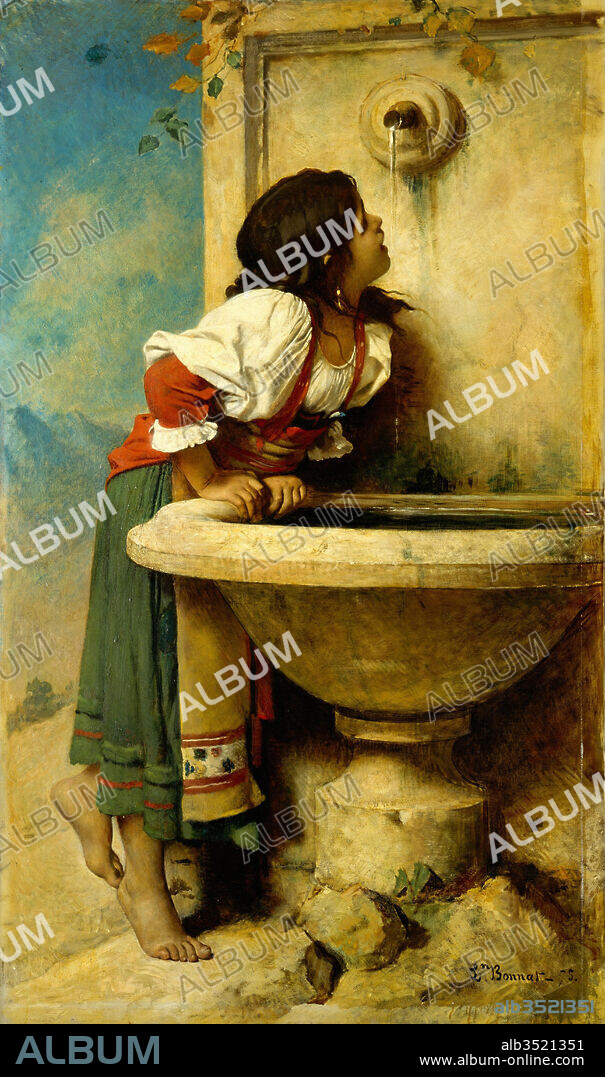 Roman Girl at a Fountain, 1875, Oil on canvas, 67 x 39 1/2 in. (170.2 x 100.3 cm), Paintings, Léon Bonnat (French, Bayonne 1833–1922 Monchy-Saint-Eloi), This picture is one of the last genre scenes that Bonnat produced before he turned exclusively to portraiture. He probably agreed to paint the work for Catharine Lorillard Wolfe about 1873. Two years later the painting was delivered to Wolfe’s Madison Avenue brownstone, where it hung in the library, along with her three-quarter-length portrait by Cabanel.