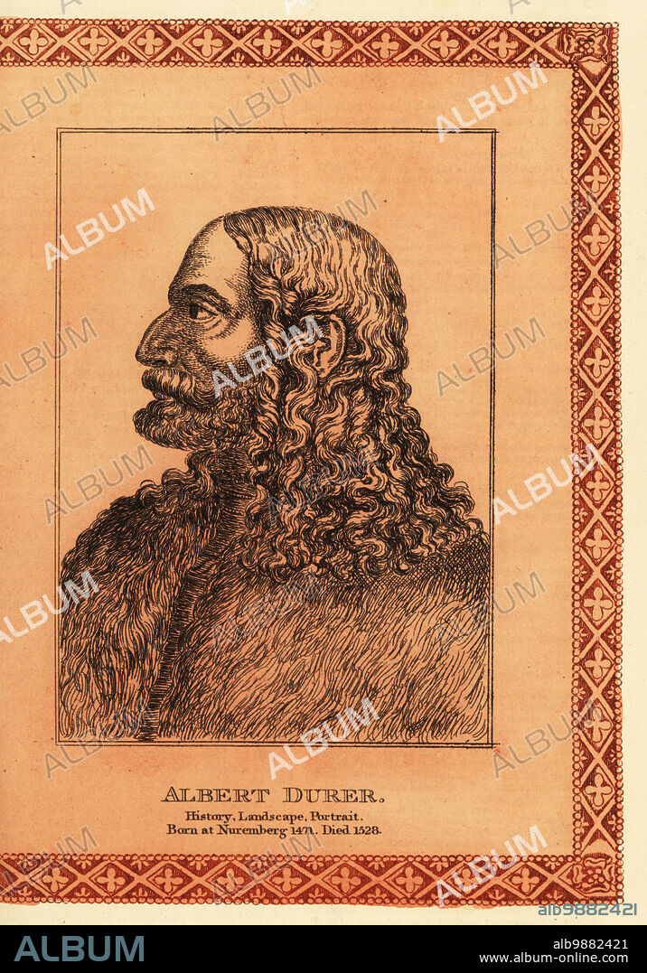 Portrait of Albrecht Durer, German painter, printmaker, and theorist of the German Renaissance, 1471-1528. Albert Durer, History, Landscape, Portrait. Tinted etching within a decorative border by James Girtin after a self-portrait in profile by Durer from James Girtins Seventy-Five Portraits of Celebrated Painters from Authentic Originals, J. MCreery, London, 1817.