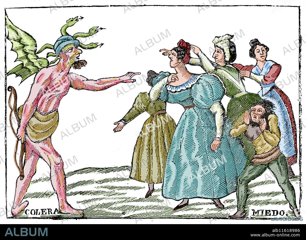 Spain. Barcelona. 1865. Third epidemic of the 19th century. Symbolic scene between women and cholera at their farewell. Engraving. "New Chronicle of Barcelona", number 18.