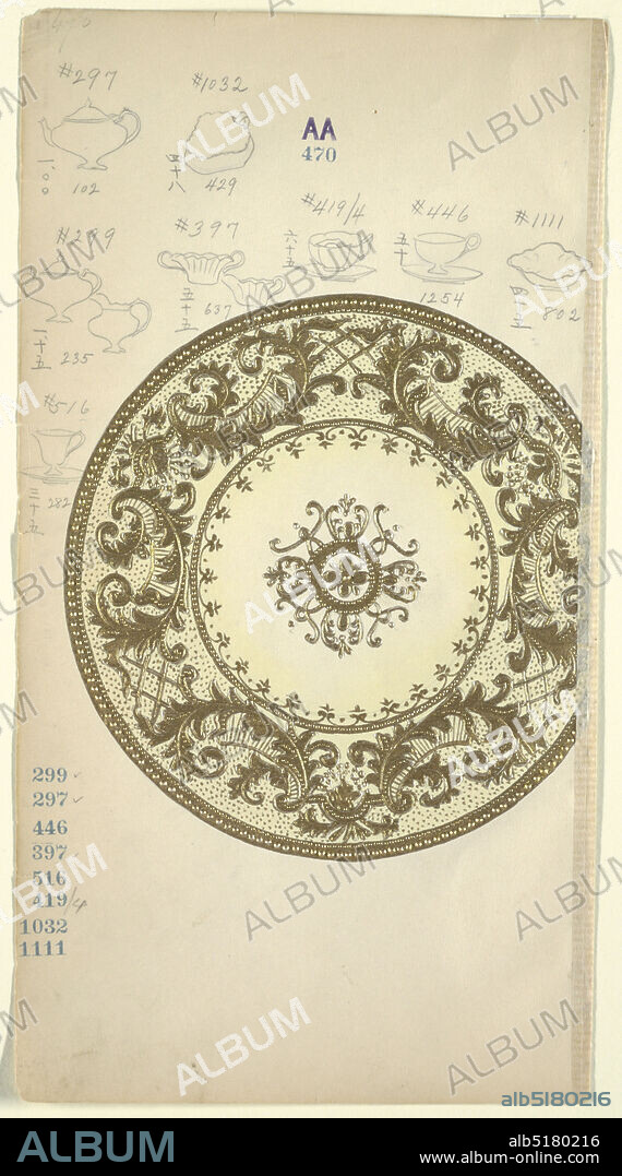Design for a Plate, Brush and gold gouache, graphite on cream paper, Design for a plate decorated with gold C-scrolls and trellis; at center a floral motif within a circle. Several sketches of tableware in graphite, upper margin., Japan, 18801910, tableware designs, Drawing, Drawing.