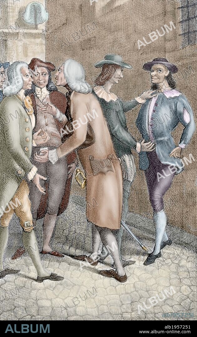Diego de Torres Villarroel (1693-1770). Spanish writer, poet, dramatist, doctor, mathematician, priest and professor of the University of Salamanca. Scene of his "Suen_os morales, visiones y visitas de Torres con D. Francisco de Quevedo por Madrid (1727-1751)". Colored engraving.