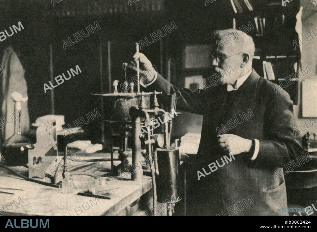 Ehrlich performing a set test pattern for chemotherapy with Salvarsan. Paul Ehrlich (March 14, 1854-August 20, 1915) was a German physician and scientist who worked in the fields of hematology, immunology, and chemotherapy. The methods he developed for staining tissue made it possible to distinguish between different type of blood cells, which led to the capability to diagnose numerous blood diseases. His laboratory discovered Arsphenamine (Salvarsan), the first effective medicinal treatment for syphilis, thereby initiating and also naming the concept of chemotherapy. Ehrlich popularized the concept of a 'magic bullet". He made a decisive contribution to the development of an antiserum to combat diphtheria and conceived a methodology for standardizing therapeutic serums. In 1908 he received a Nobel Prize in Physiology or Medicine) for his contributions to immunology. In 1915 Ehrlich suffered a heart attack and died, He was 61 years old.