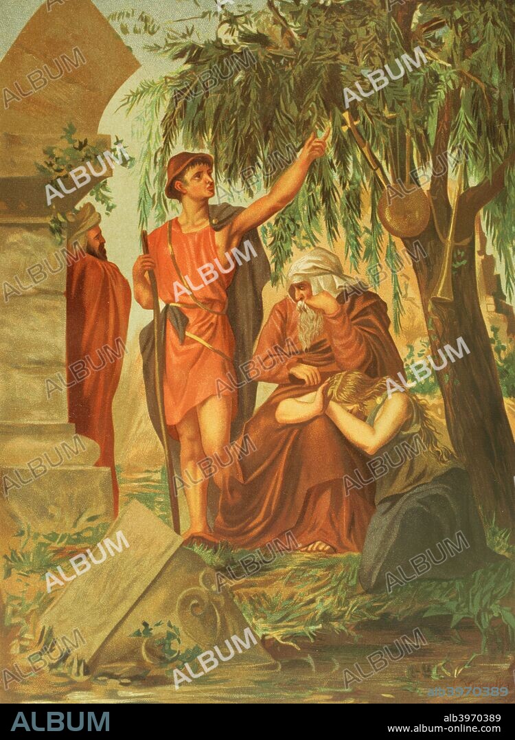 Cautiverio de Babilonia. Período que comprende del año 586 al 537 a. C. Parte de los hebreos fueron exiliados y cautivos en Babilonia durante el reinado de Nabucodonosor II. Judios cautivos en Babilonia. Dibujo por Fernando Xumetra (1860-1920). Cromolitografía. La Civilización, tomo II, 1881. Bibliotea Histórico Militar de Barcelona. Cataluña. España.