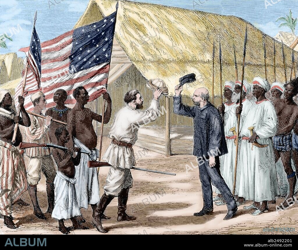 COLONIALISMO. AFRICA (SIGLO XIX). Encuentro de STANLEY (1799-1869) y LIVINGSTONE (1813-1873) en la aldea de Ujiji, a orillas del Lago Tanganica. Grabado coloreado.