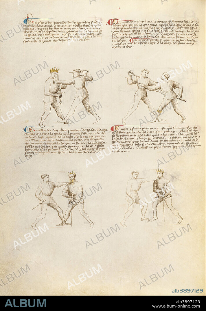 FIORE FURLAN DEI LIBERI DA PREMARIACCO. Combat with Dagger and Sword. Date/Period: Ca. 1410. Folio. Tempera colors, gold leaf, silver leaf, and ink on parchment. Height: 279 mm (10.98 in); Width: 206 mm (8.11 in).