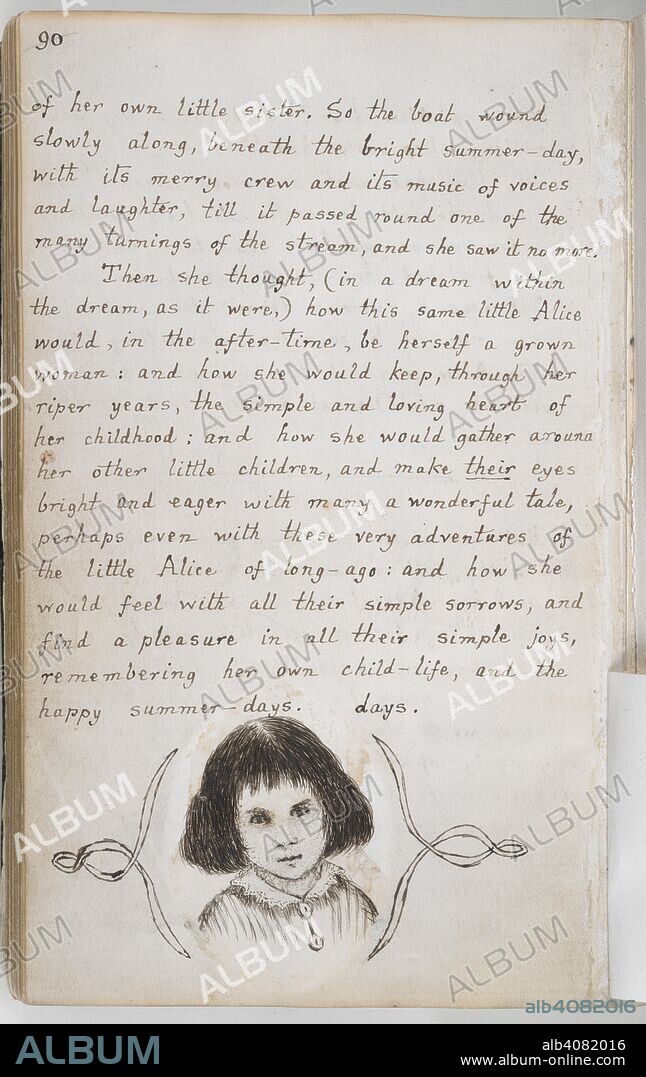 CHARLES LUTWIDGE DODGSON et DODGSON, CHARLES LUTWIDGE, PSEUD. LEWIS CARROLL. Portrait of Alice Liddell. Alice's Adventures Under Ground [in Wonderland]. England [Oxford]; 1862-1864. (Whole folio) Pen-and-ink portrait of Alice Liddell at the end of the manuscript  Image taken from Alice's Adventures Under Ground [in Wonderland].  Originally published/produced in England [Oxford]; 1862-1864. . Source: Add. 46700, f.46v.