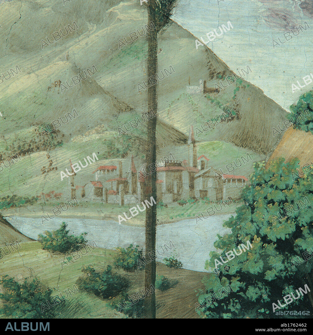 Frescoes of the Chapel of the Magi, by Benozzo di Lese di Sandro known as Benozzo Gozzoli, 15th Century, 1459-1460 about, fresco,. Italy, Tuscany, Florence, Palazzo Medici-Riccardi, Magi Chapel. Detail. Worshipping angels. Wall to right of altar, after restoration. Castle in background top right. Green grey beige.