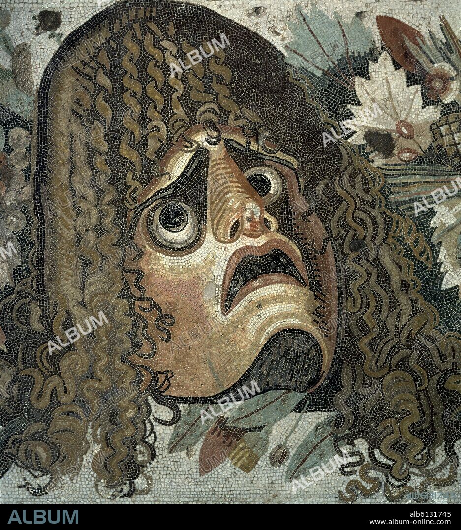 MASCARA TRAGICA DE TEATRO PROCEDENTE DE LA CASA DEL FAUNO DE POMPEYA - MOSAICO ROMANO - SIGLO II AC.