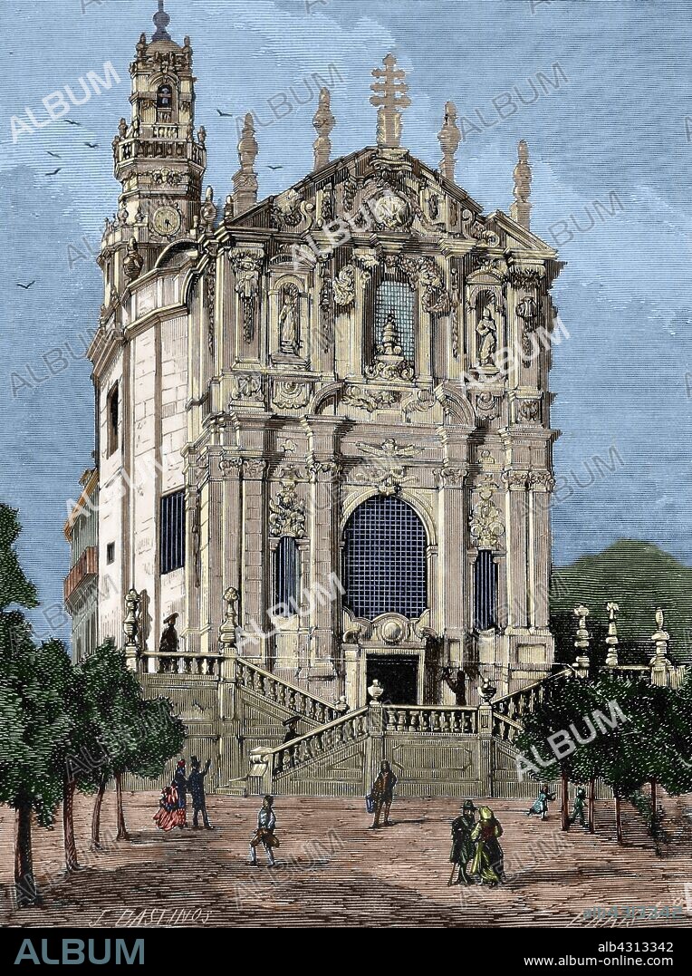 Portugal, Oporto. Fachada de la Iglesia de los Clérigos, diseñada en estilo barroco por Nicolau Nasoni (1691-1773). Su construcción se inició en 1732 y finalizó en 1750. El campanario, llamado "Torre dos Clerigos" era el edificio de mayor altura en Portugal cuando fué terminado en 1763 por el mismo arquitecto, Nicolau Nasoni. Dibujo por J. Bastinos. Grabado por Marcelo Paris. La Ilustración Española y Americana, 30 de julio de 1876. Coloreado.