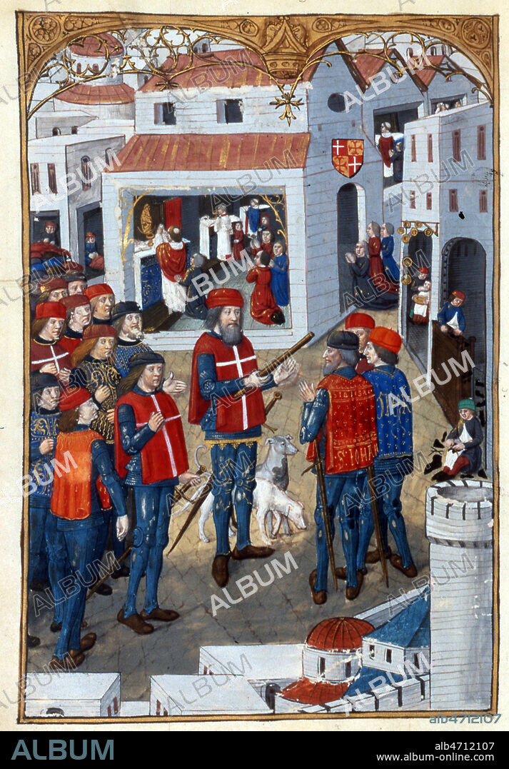 Des Chevaliers Hospitaliers , ordre de St Jean de Jerusalem ou ordre des Hospitaliers, se preparent a defendre la ville de Rhodes contre les turcs en 1480 (15e, 15eme, XVe, XVeme s.) Miniature tiree d'un ouvrage du 15eme s. Credit : Collection NB/KHARBINE-TAPABOR.