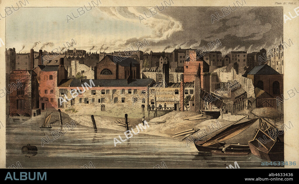 The Savoy in the early 19th century including ruined hospital, chapel, houses, etc. on the banks of the Thames, London. Originally built by Peter, Duke of Savoy, in the 13th century. Handcoloured copperplate engraving from Rudolph Ackermanns Repository of Arts, London, 1816.