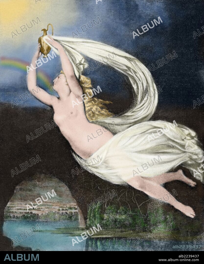IRIS. Hija de Taumante y de la oceánica Electra y hermana de Harpías. Personificación del arco iris que anuncia el pacto de los humanos y los dioses y el fin de la tormenta. Se representa como una joven virgen con alas doradas. Grabado coloreado de "La Historia de la Literatura Universal".