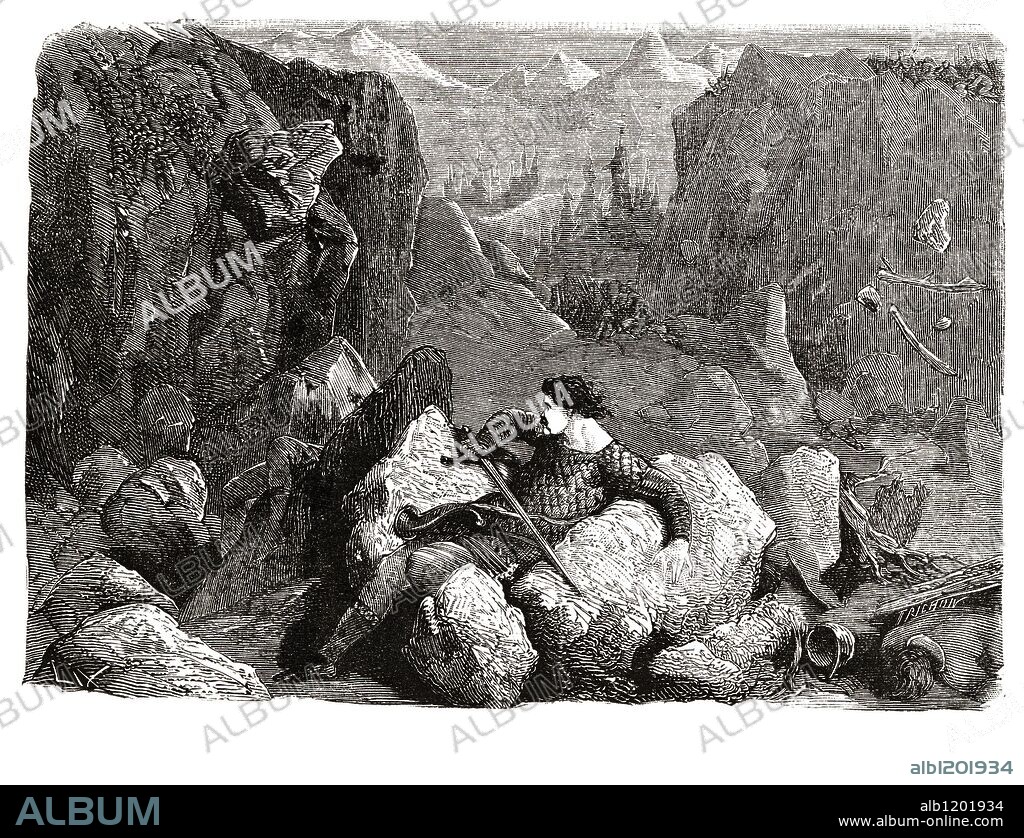 Roldán (o Roland). Caballero francés legendario al servicio de Carlomagno. Muerto en Roncesavalles en el 778 por los vascos. Su historia es narrada en el poema épico medieval "La Canción de Roldán". Grabado de 1866.