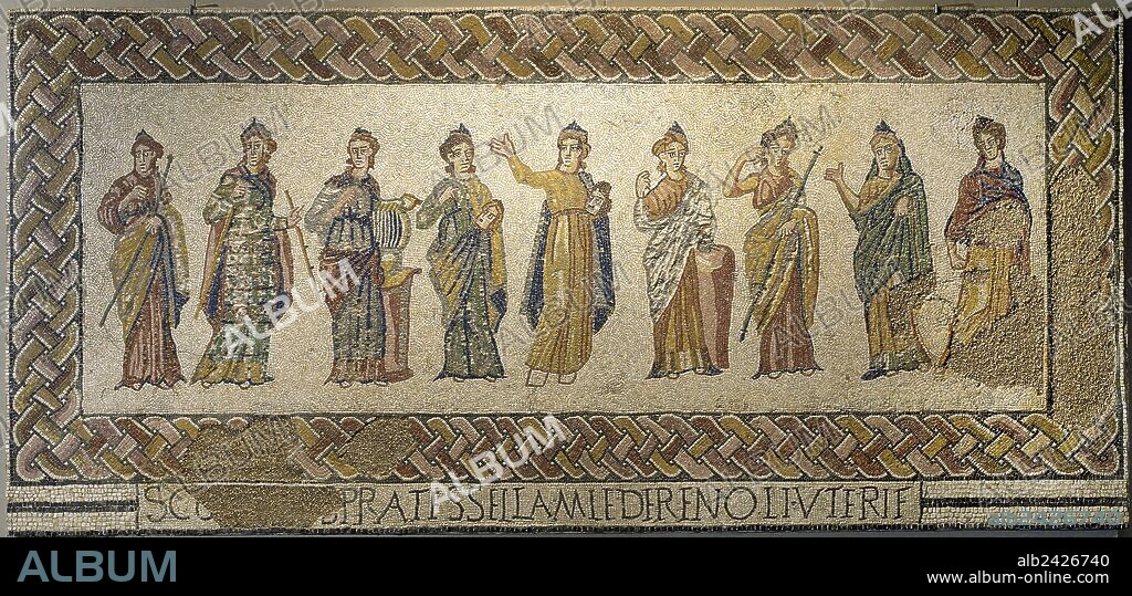 Roman mosaic of the Muses. From left to right: Calliope, Euterpe, Erato, Thalia, Melpomene, Clio, Polyhymnia, Urania, Terpsichore. 3rd-4th century AD. From Torre de Palma. National Archaeology Museum of Lisbon. Portugal.