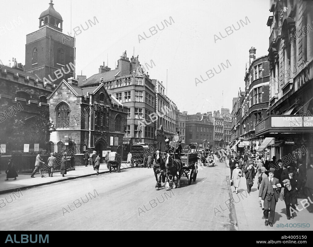 Great Tower Street and Byward Street, City of London, (c1930s?). The underground station, Mark Lane, that can be seen to the right, was closed in 1967 when the nearby Tower Hill station was opened in its place.