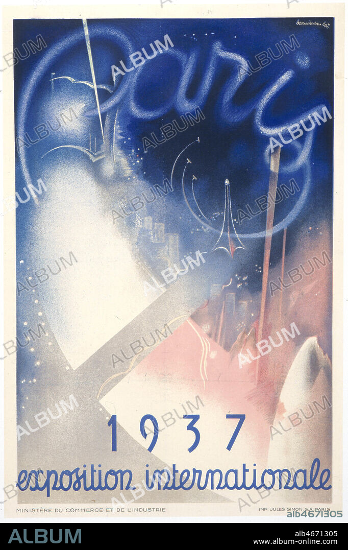 'Exposition internationale de Paris, 1937 (Fete de la Lumiere)'. Affiche d'Eugene BEAUDOIN (1898-1983) et Marcel LODS (1891-1878). (40x60cm). Credit : Coll. Galdoc-Grob/KHARBINE-TAPABOR.