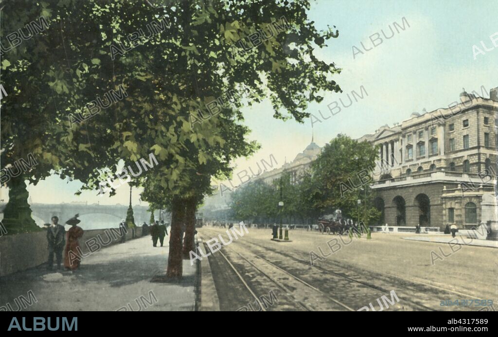 The Thames Embankment and Somerset House, London, c1915. First built for Lord Protector Somerset in 1547-1550, Somerset House was the first Renaissance palace in England. It was substantially rebuilt to designs by Sir William Chambers in the late 18th century, at which time the Thames flowed up to the palace's frontage. Somerset House was the home of many royal societies in the 18th and 19th centuries. From 1836-1973 it housed the offices of the General Register of Births, Deaths and Marriages. The Embankment was designed by the civil engineer Joseph Bazalgette to accommodate his new sewer system and to provide a thoroughfare alongside the River Thames. Postcard.