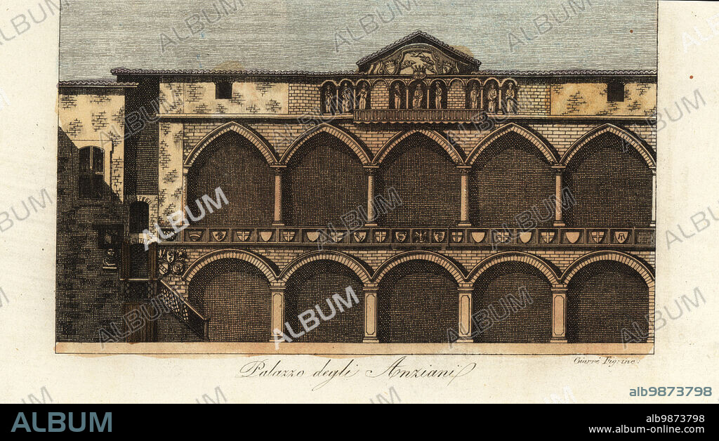 View of the Loggia degli Osii, Milan, Italy. Gothic portico and loggia in the facade. Built by Matteo I Visconti, Podesta of Milan, in 1321. Palazzo degli Anziani. Handcoloured copperplate engraving by Giarre from Giulio Ferrarios Costumes Ancient and Modern of the Peoples of the World, Il Costume Antico e Moderno, Florence, 1845.