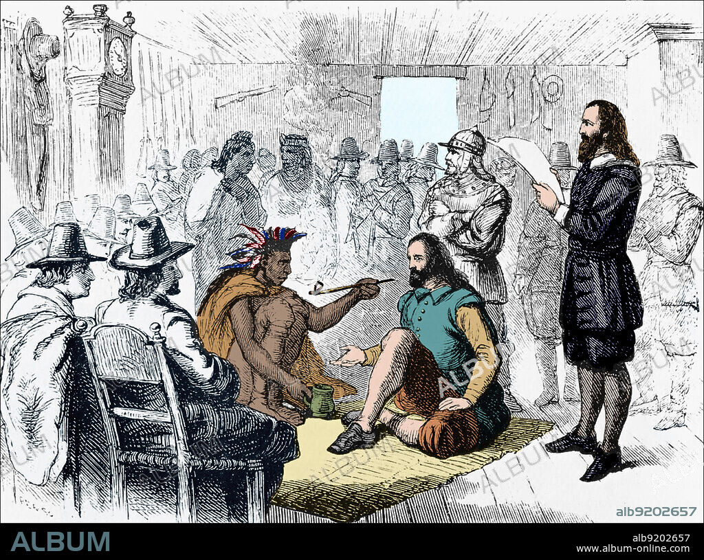 Smoking Peace Pipe after Signing Treaty, 1621