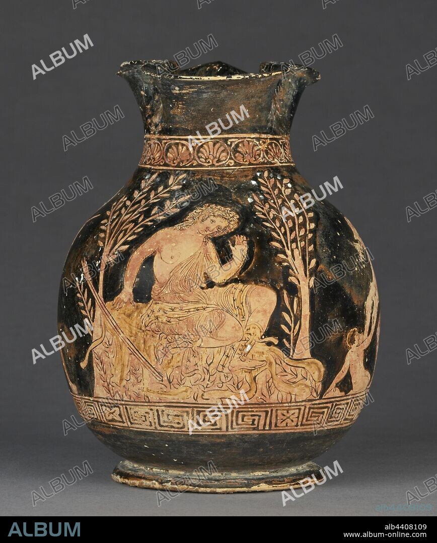 Wine Jug with Arkas and His Mother, Kallisto, and the God Hermes, Attributed to near the Black Fury Group (Greek (Apulian), active early 300s B.C.), Apulia, South Italy, about 360 B.C., Terracotta, 16.8 × 8.4 cm (6 5/8 × 3 5/16 in.).