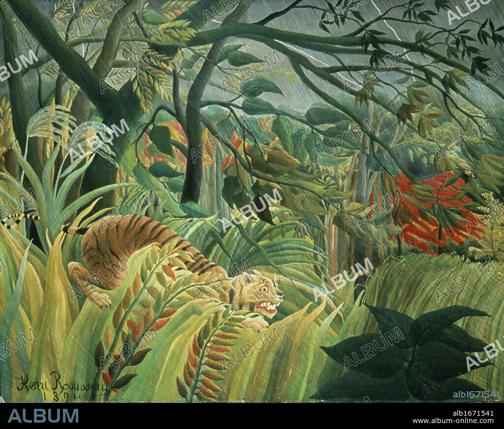 Tropical Storm with Tiger Surprise   1891  Henri Rousseau (1844-1910/French)   Oil on canvas  National Gallery, London.